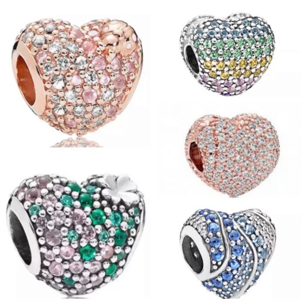5 Pave Crystal Heart Charm Bundle Set /Not Pandora